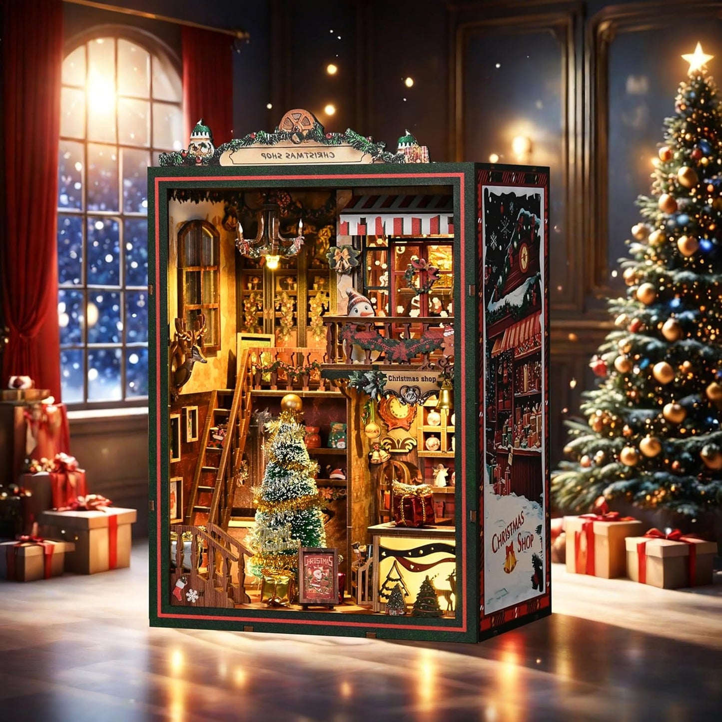 ISSEVE Book Nook Kit - DIY Miniature House Kit for Adults Teens Beginners, Christmas Dollhouse Booknook with Music Mechanism Tiny House Bookshelf Decoration 3D Wooden Puzzles (Christmas Shop)