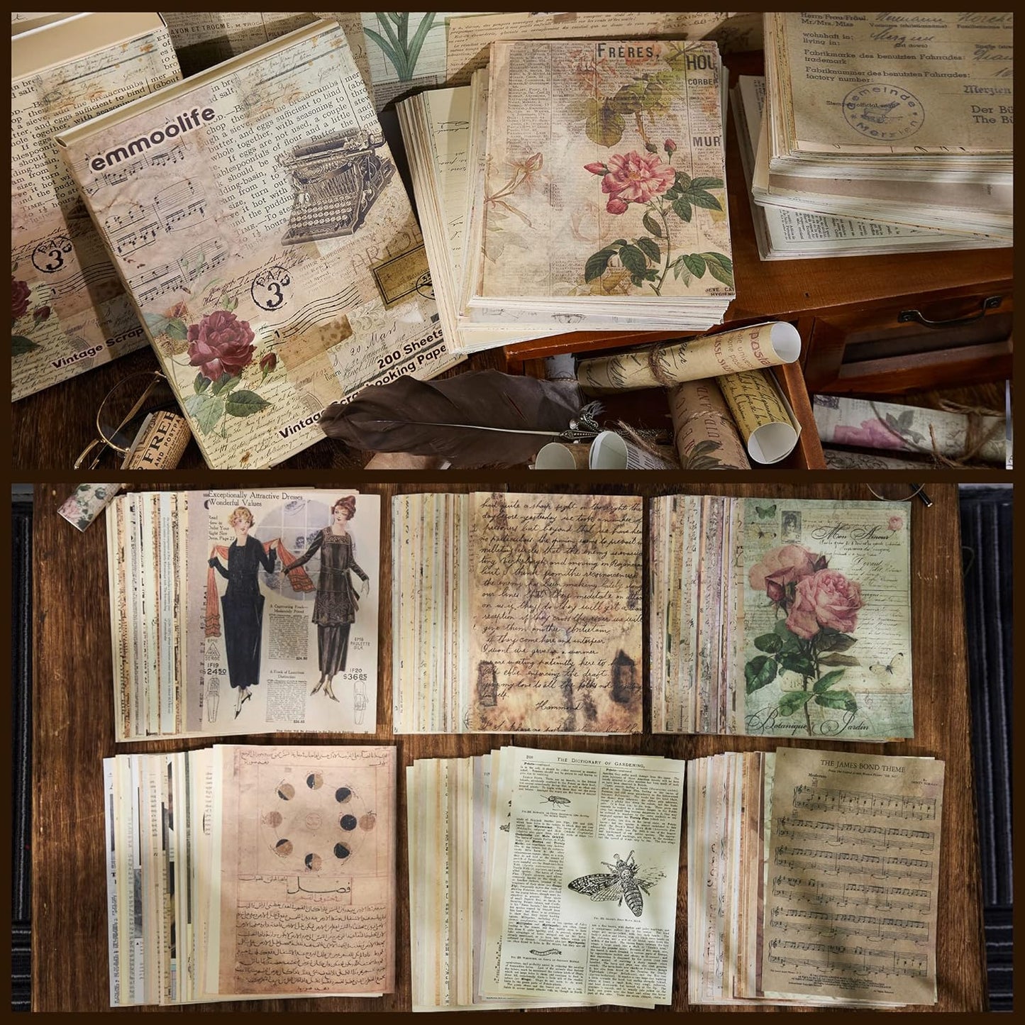 200 Sheets of Vintage Scrapbook Paper, Journaling Scrapbooking Supplies Craft Decoupage Papers Kit, Ephemera for Junk Journal Bullet Journals Well Posters Room Decor for Card Making Decorative Gift