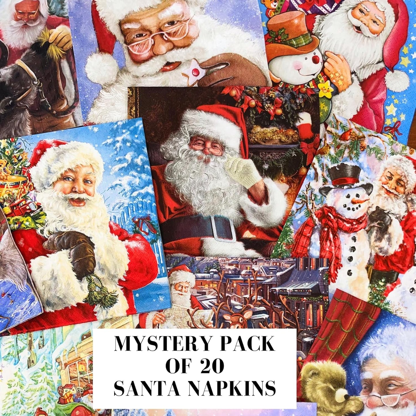 Mystery Pack Decoupage Paper Napkins, 20-ct Assorted Surprise Napkins, Decorative Napkins Santa for Art Craft Junk Journal, 20 Different Designs