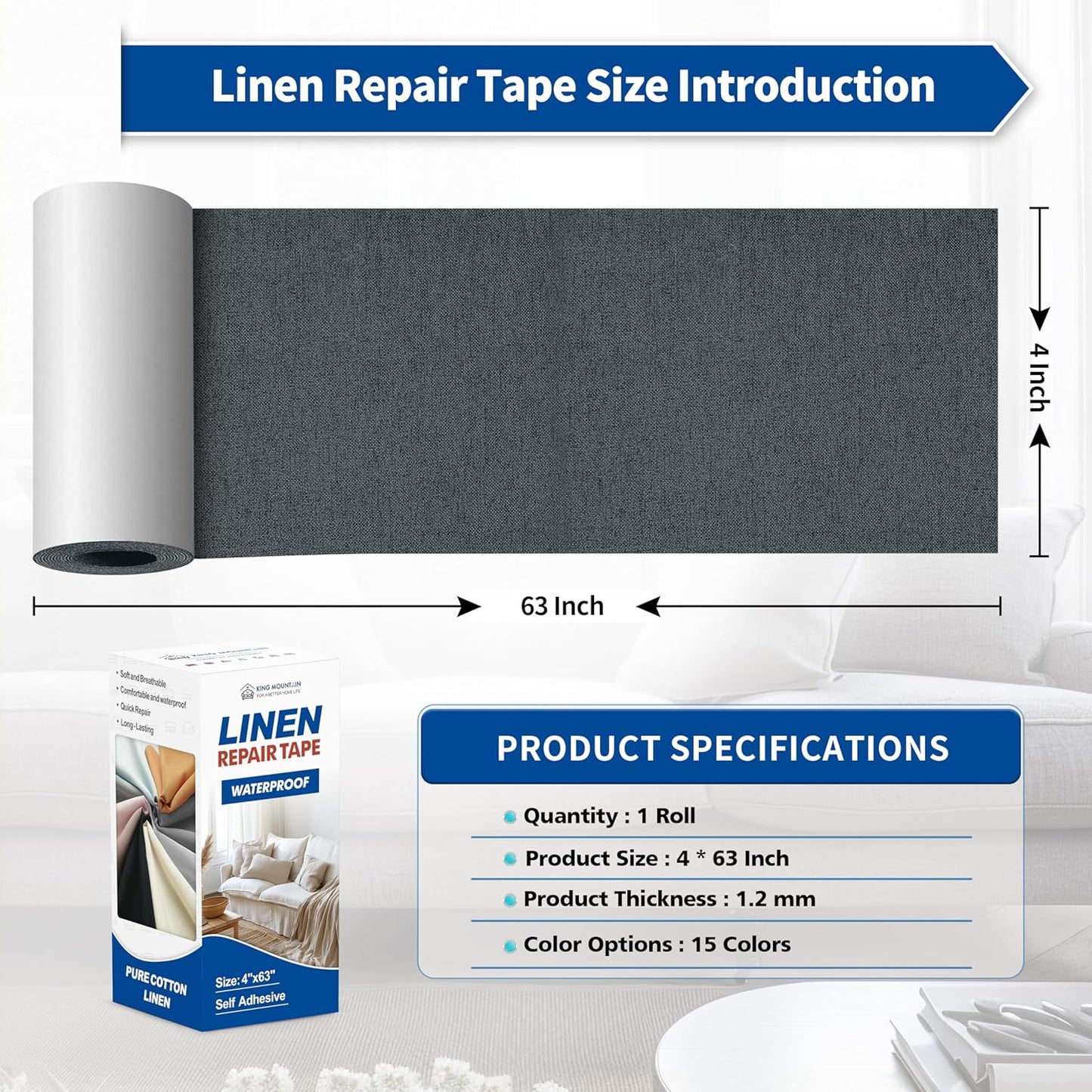 KING MOUNTAIN Linen Repair Patches, Self-Adhesive Linen Fabric Patches, 4 X 63 inch Extra Size, Multi Color, Can be Used for Linen Sofa Repair and Linen Clothes Repair (Charcoal Gray)