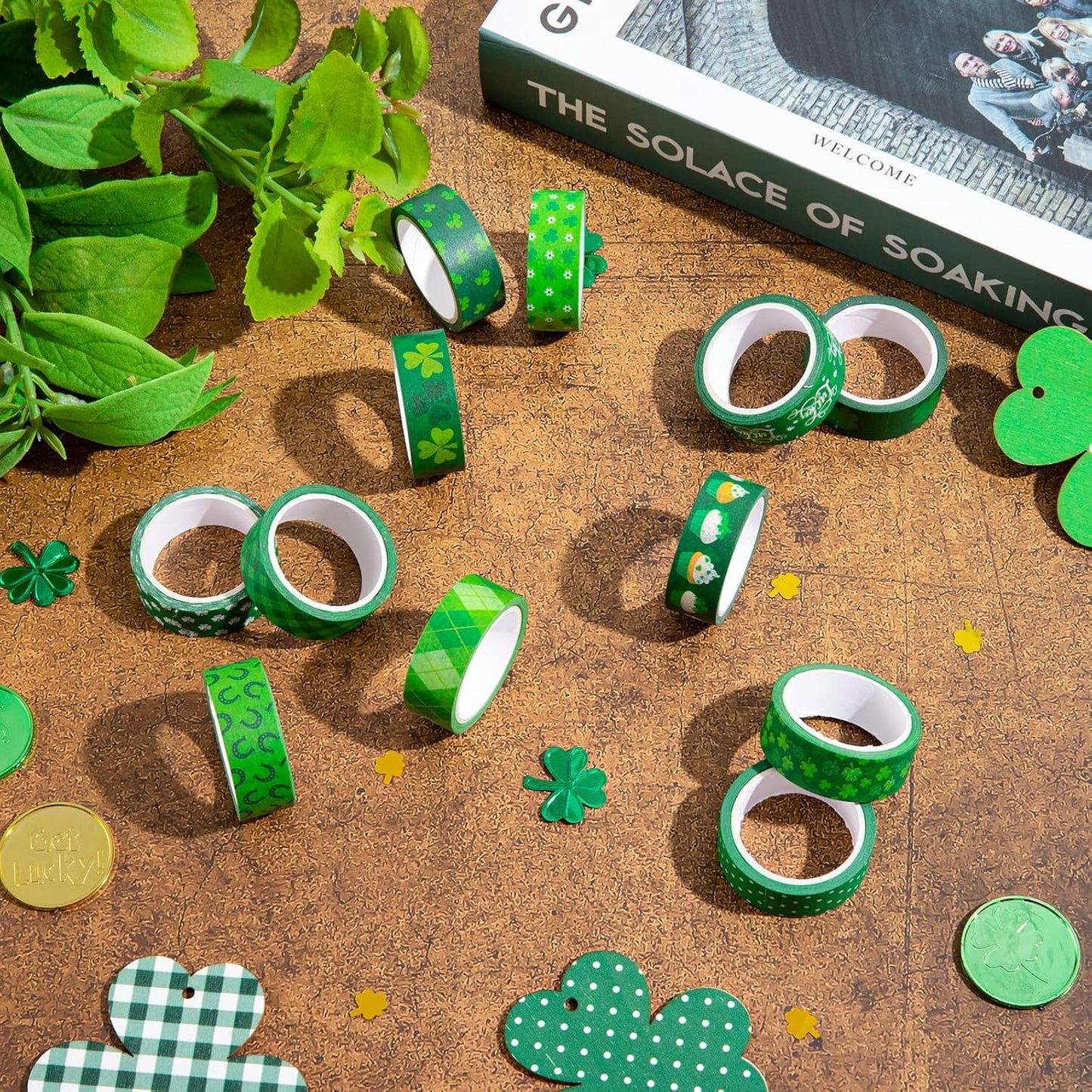 Whaline 12 Rolls St. Patrick's Day Washi Tape Green Shamrock Washi Masking Tape 15mm Clover Plaids Lucky Holiday Paper Tape Sticker for Irish Party Scrapbook Gift Packing DIY Craft Decor, 16.4Ft
