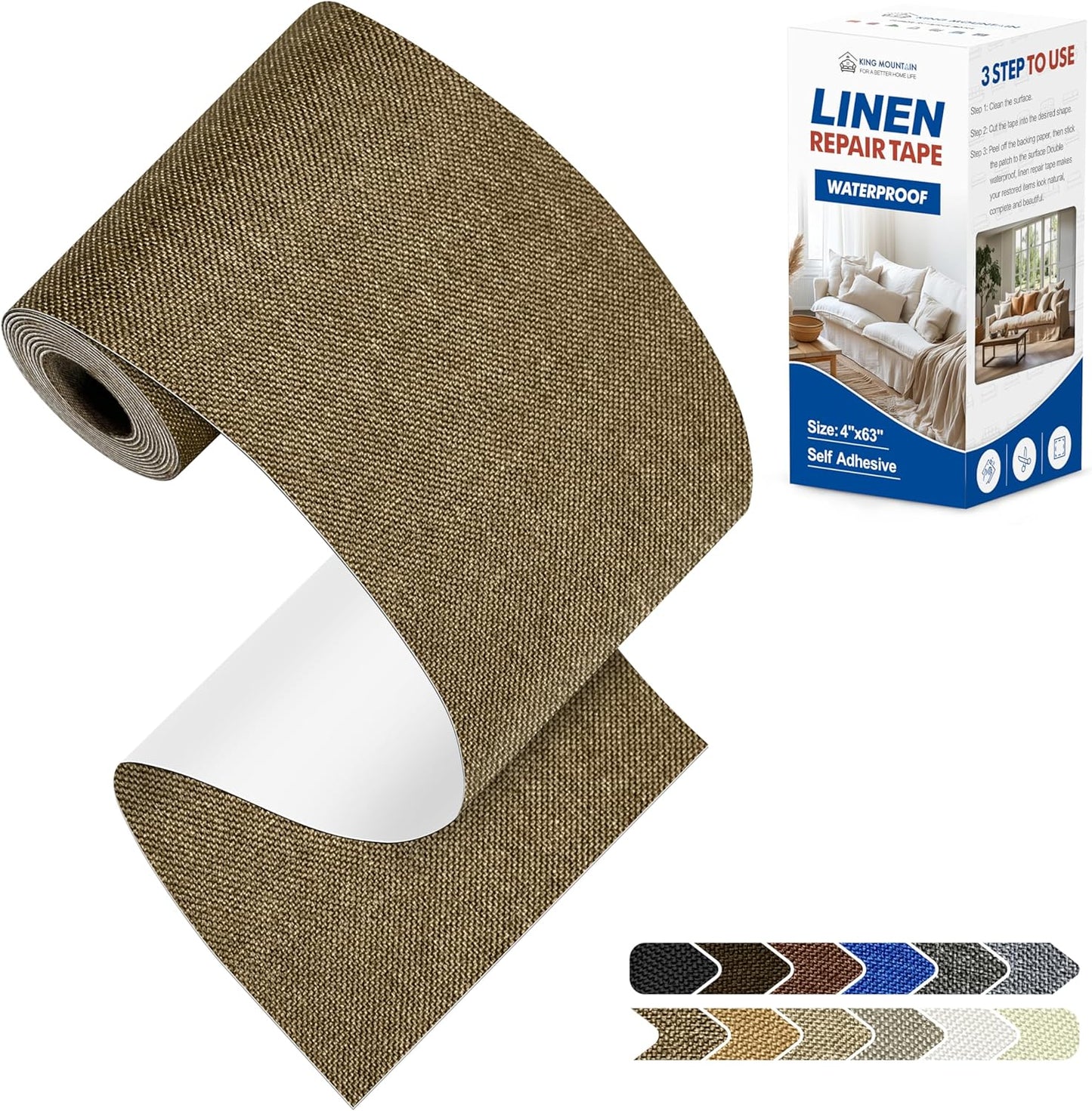 KING MOUNTAIN Linen Repair Patches, Self-Adhesive Linen Fabric Patches, 4 X 63 inch Extra Size, Multi Color, Can be Used for Linen Sofa Repair and Linen Clothes Repair (Brown)