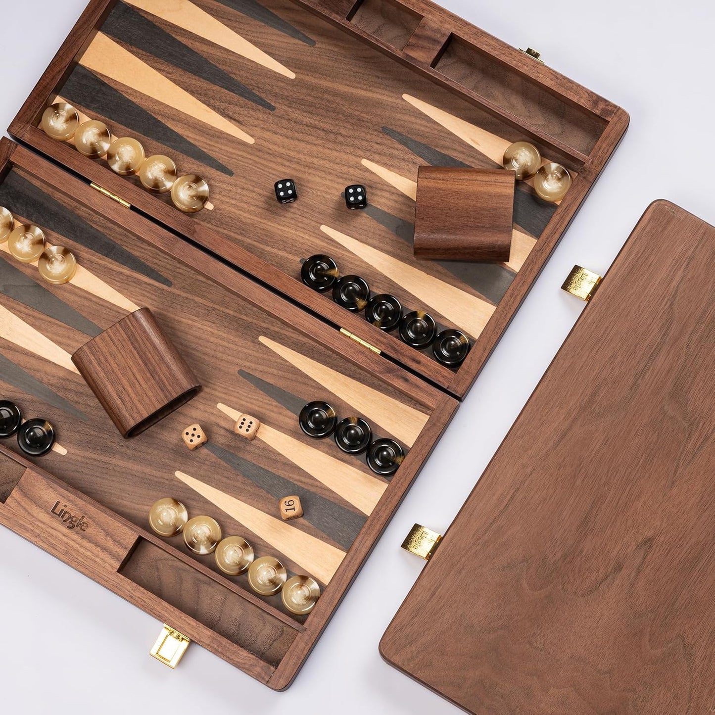 14.5” Premium Natural Walnut Folding Backgammon Sets for Adults and Kids, Including 30 Artificial Horn Checkers, 2 Walnut Dice Cups, and 5 Wooden Dice/Classic Two-Player Strategy Board