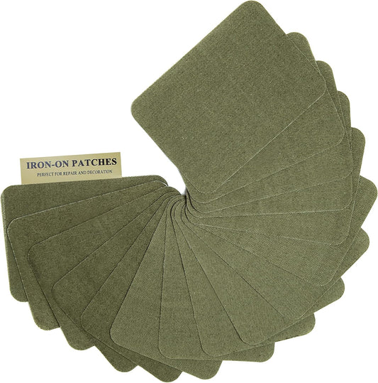 12PCS Fabric Iron on Patches Inside & Outside Strong Glue 100% Cotton Repair Patch for Clothes Pants Mending and Decorating, Army Green