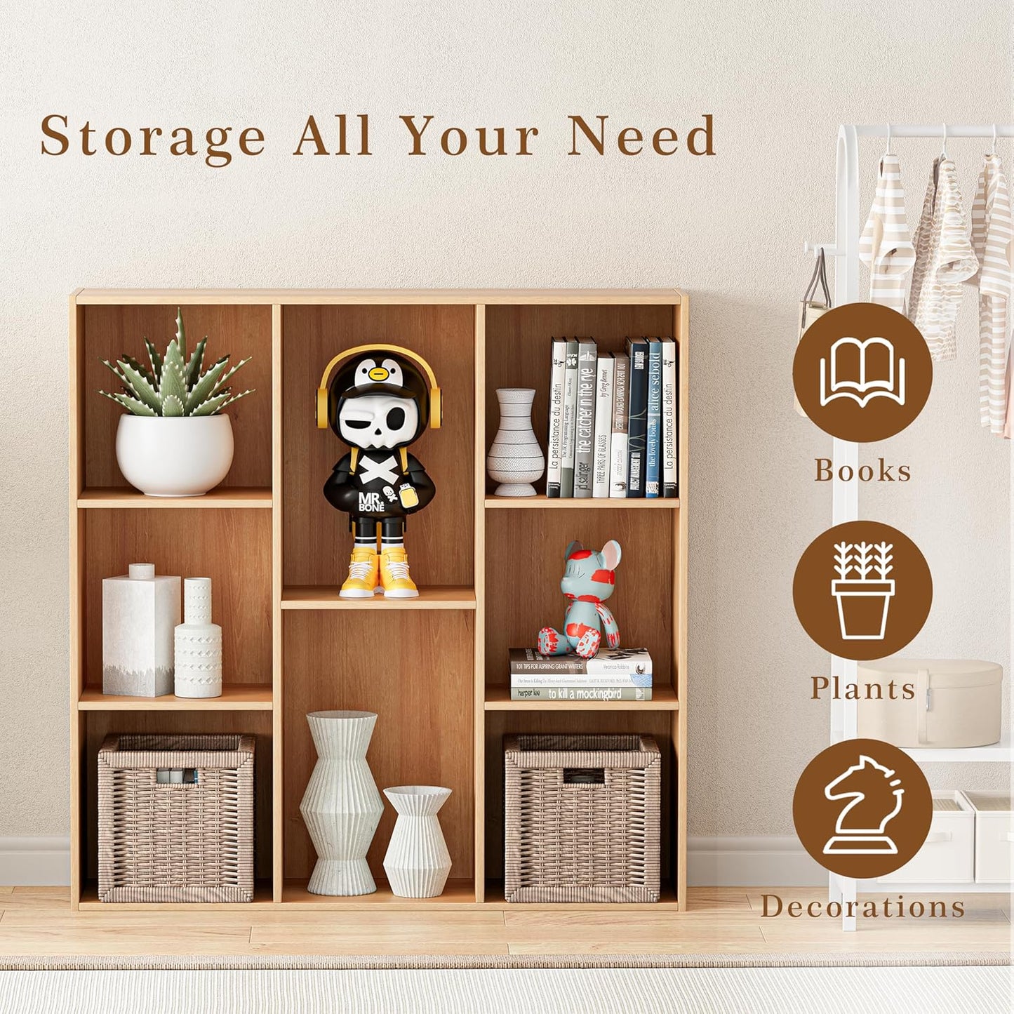 Wooden Cube Storage Organizer with Closed Back Panel, 11in Cube Shelf Opening, Bookshelf, Display Shelf,Closet Cabinet for Home and Office (Natural Oak, 8-Cube 35.98L*9.45W*35.91H)