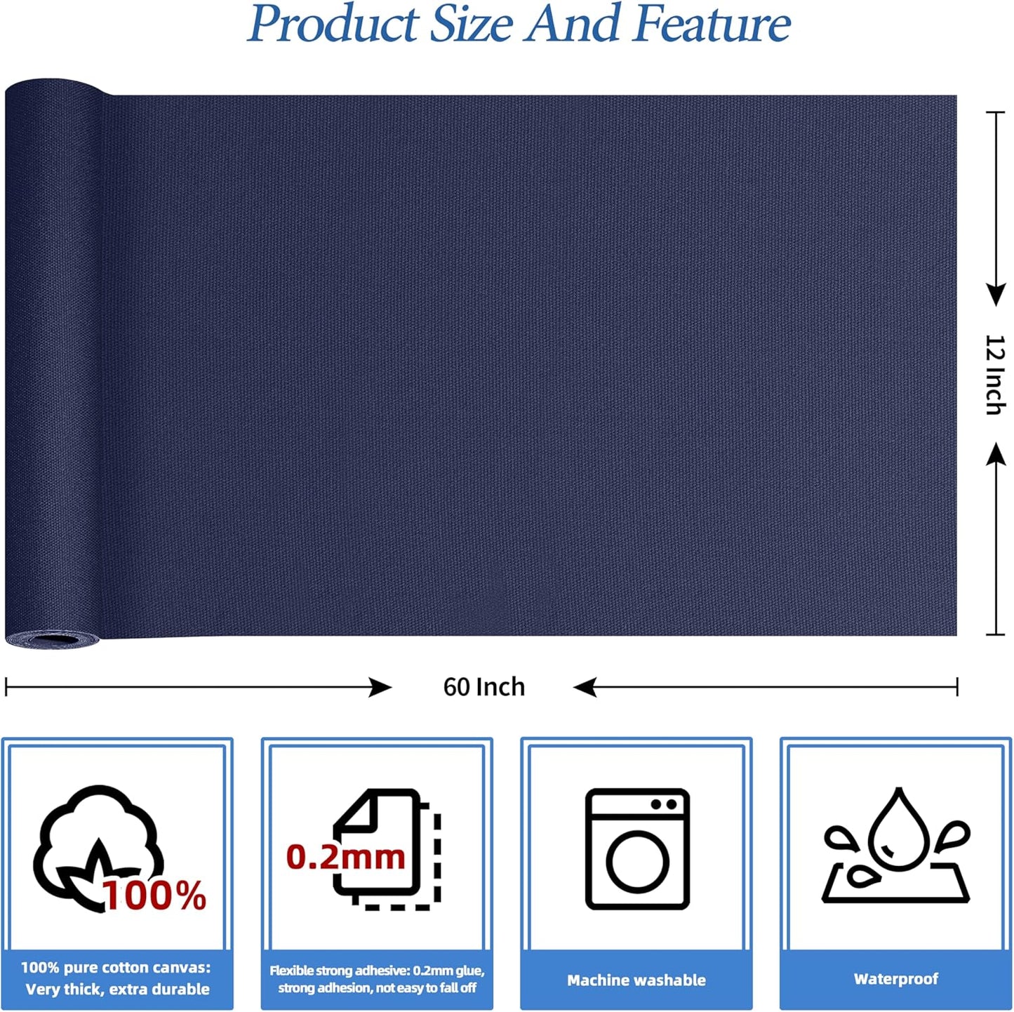 KING MOUNTAIN Canvas Iron on Patch,12"×60",Waterproof 100% Cotton Fabric Repair Patch,Used for Various Sofa,Tent,Clothes,Seats,Suitcases (Dark Blue,Waterproof)