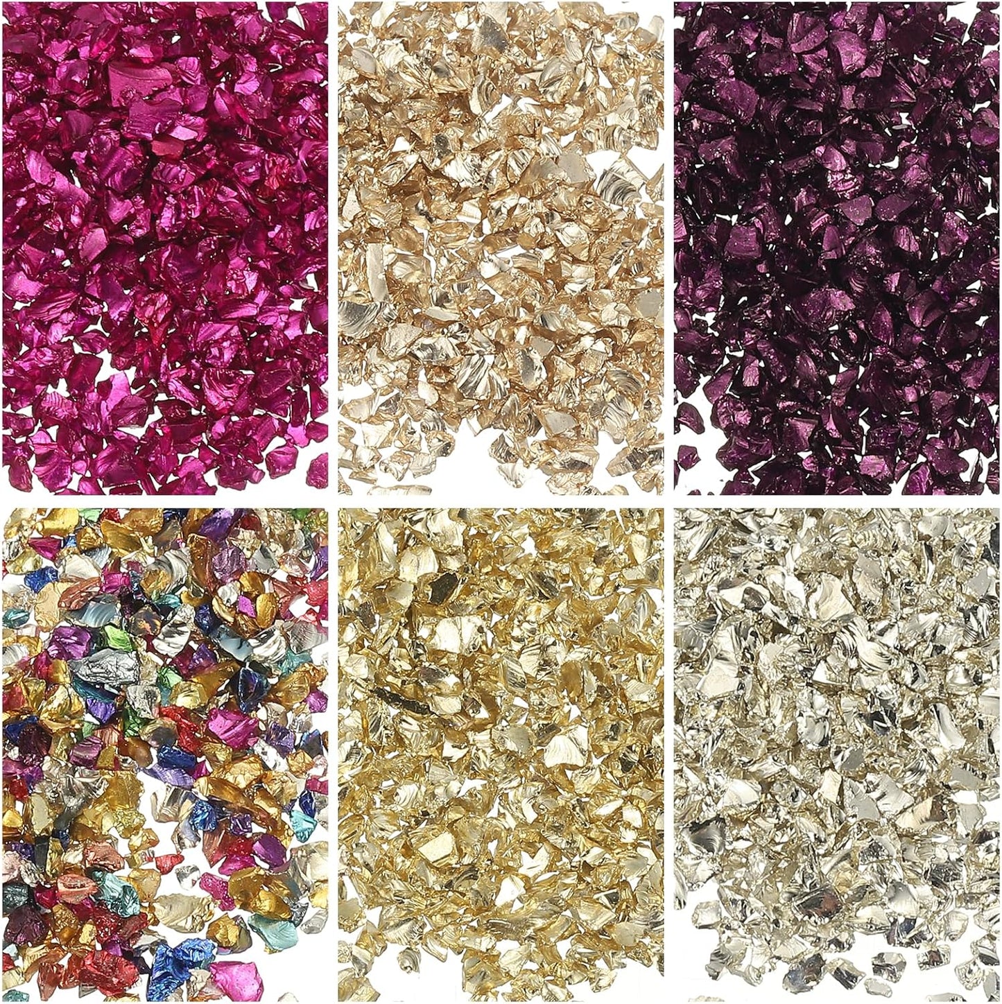 uxcell 6 Colors Crushed Glass Chips, 1-3mm Irregular Glitter Metallic Glass Broken Glasses Pieces with Laser Bag for Craft DIY Vase Epoxy Halloween Decoration 33g, Multicolored