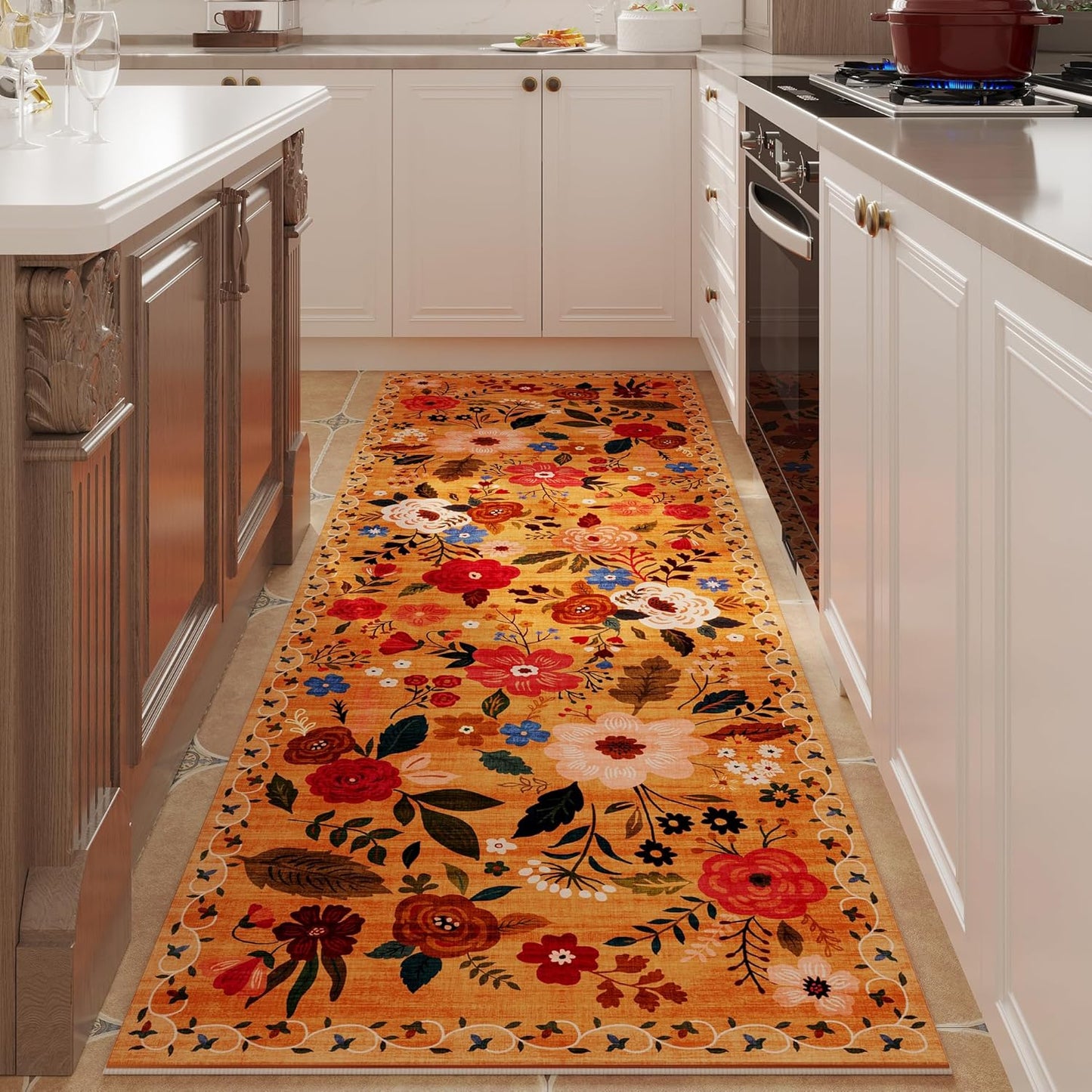 Rugcomf Runner Rug for Kitchen Rug Non Slip 2'x 6' Washable Rugs with Rubber Backing Soft Floral Carpet Runner for Hallways, Kitchen, Laundry, Bedroom, Bathroom(Yellow)