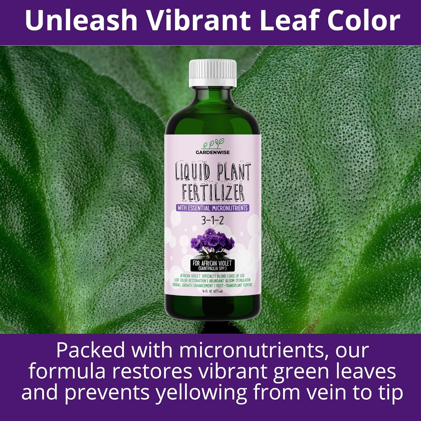 3-1-2 African Violet Fertilizer for Indoor Plants: Liquid Fertilizer with Essential Micronutrients Drops - Plant Food for African Violets (8 oz)