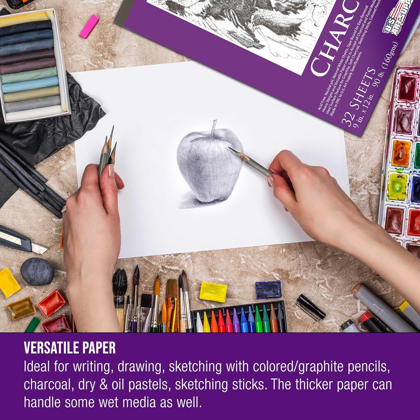 U.S. Art Supply 9" x 12" Premium Heavy-Weight Charcoal Sketchbook (2 Pack, 64 Sheets Total) - 90lb (160gsm) Sketch Book Pad for Charcoal, Pencil & Pastel Drawing