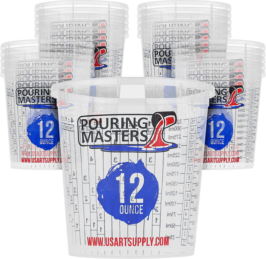 Pouring Masters 12 Ounce (350ml) Graduated Plastic Mixing Cups (Box of 20) - Paint Mixing Cups for Epoxy Resin, Art, Kitchen, Baking - Measurements in OZ and ML, 4 Different Measuring Ratios 1:1