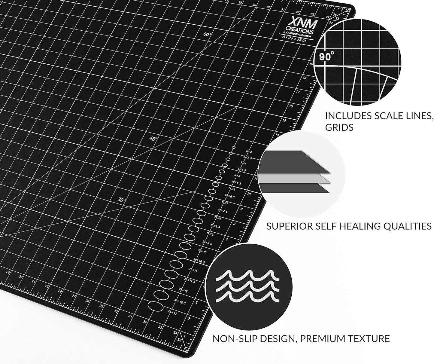 XNM Premium Self Healing Cutting Mat - 24 Inches by 36 inches - A1, 3 Layer Quality PVC Construction - Dual Sided, Imperial and Metric Grid Lines - Perfect for Cutting, Sewing, and Crafts