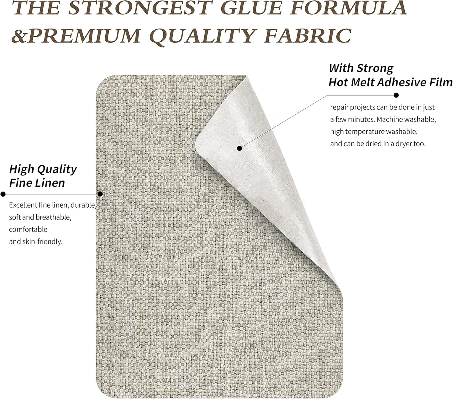 KING MOUNTAIN Linen Fabric Iron-on Repair Patch, Inside&Outside Fabric Repair Patch, 3"x60" with Backing Glue Linen Repair Decorative Patch kit (Cream-Gray)