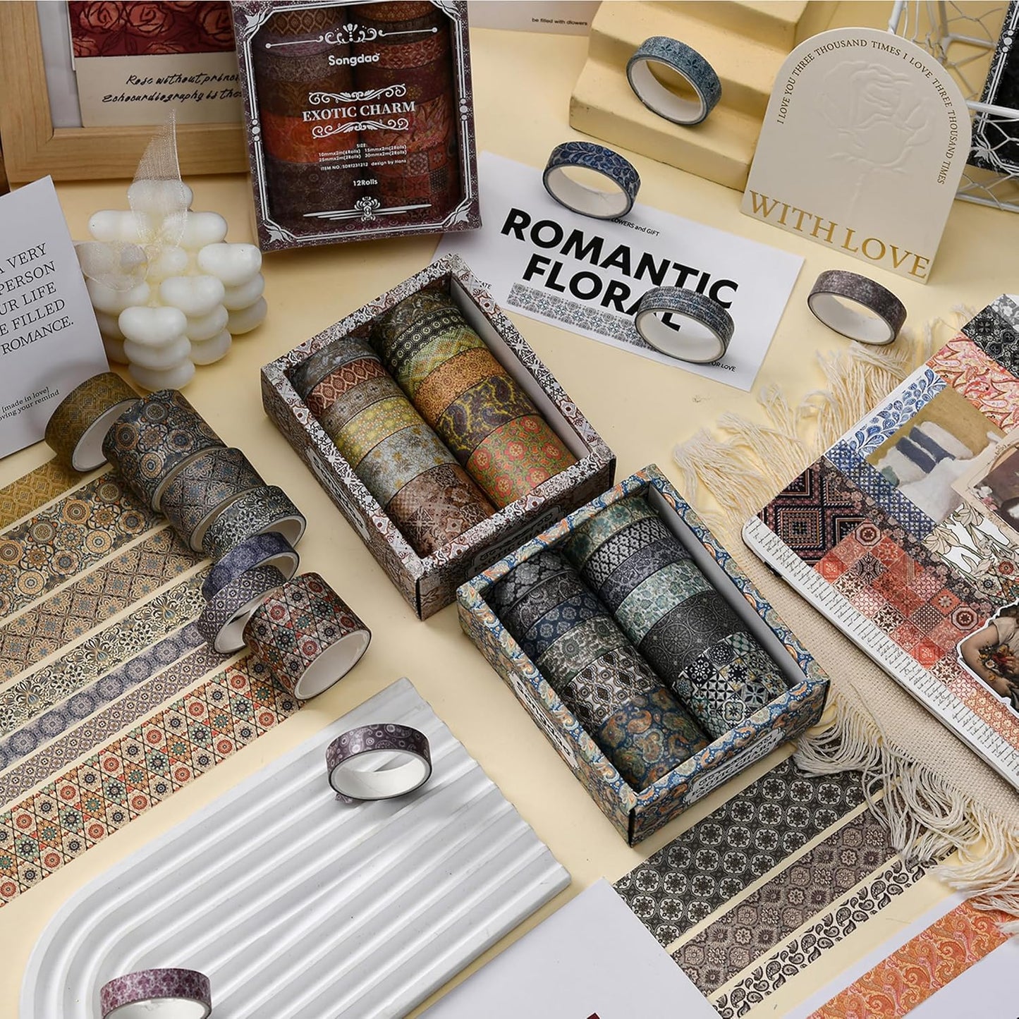 12 Rolls Exotic Charm Washi Tape Set Floral Arts Adhesive Tapes Geometric Garden Decorative Masking Tape Sets for Craft, Kids, Scrapbook, DIY, Gift Wrapping (Amber Tranquility)