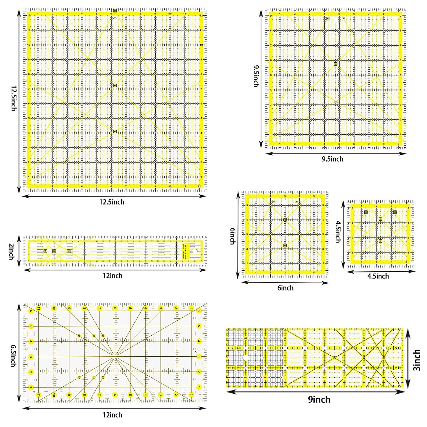 Quilting Rulers, 7 Piece Acrylic Ruler (12.5"X12.5", 9.5"X9.5", 6"X6", 4.5"X4.5",12"x6.5",9"x3",12"x2"), Sewing & Quilting Templates