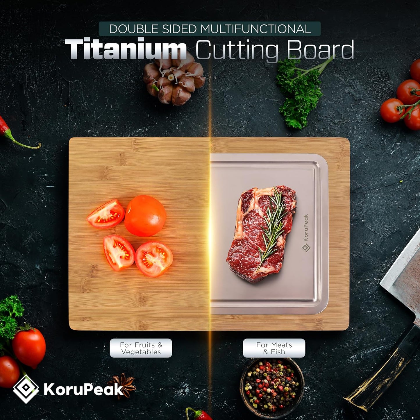 Pure Titanium Cutting Board - Double-Sided Titanium Cutting Board for Kitchen with Bamboo Side - Large 16"x12"