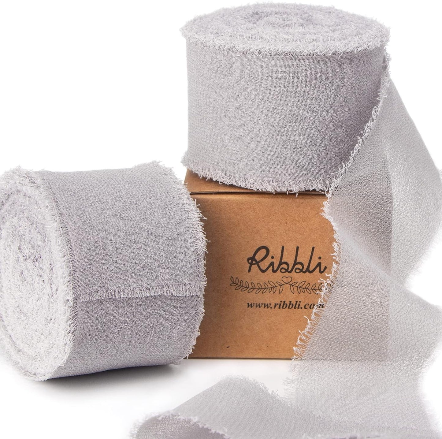 Ribbli Light Grey Chiffon Ribbon 1-1/2 inch x 20 Yard Handmade Fringe Chiffon Silk Ribbon for Wedding Invitations, Bridal Bouquets Wrapping, Flower Arrangement Decoration