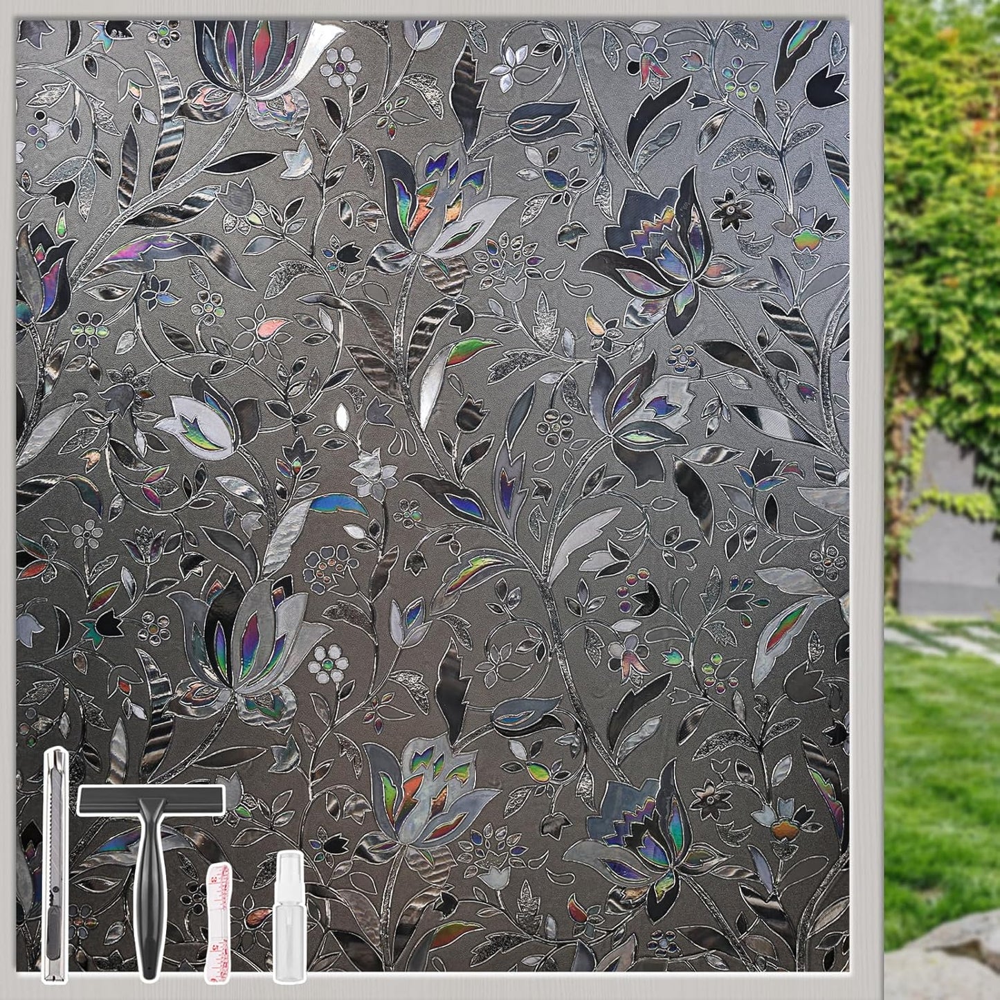 NINETREX Window Privacy Film,Decorative Window Film Frosted,Stained Glass Window Cling,Heat Blocker Non-Adhesive for Home,Grayish Black 17.5 x 78.7inch