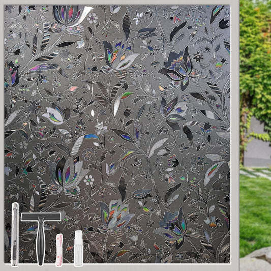 NINETREX Window Privacy Film,Decorative Window Film Frosted,Stained Glass Window Cling,Heat Blocker Non-Adhesive for Home,Grayish Black 23.6 x 78.7inch