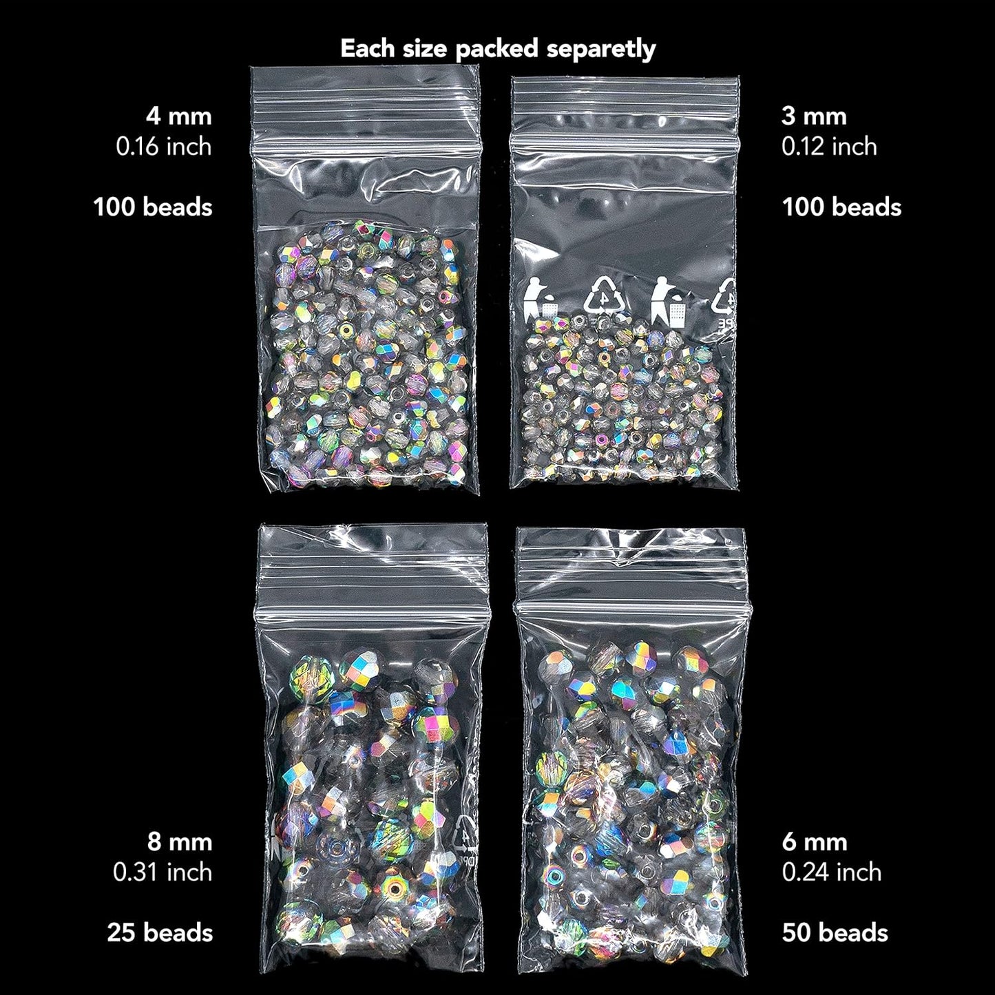 275 pcs Set of Czech Faceted Glass Beads, Fire-Polished Round Crystal Vitrail - 3mm (100pcs), 4mm (100pcs), 6mm (50pcs), 8mm (25pcs) kit for Jewelry Making