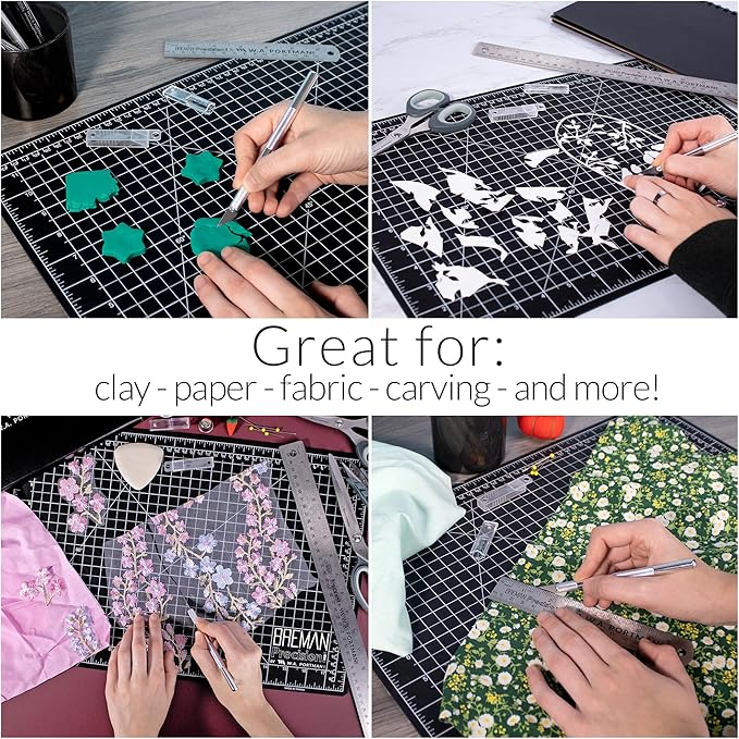 WA Portman 9x12 Inch Self Healing Cutting Mats for Crafts – Fabric Cutting Mat with Precision Craft Knife, 10 Hobby Knife Blades & Metal Ruler 12 Inch Cork Backed Ruler – All-in-One Craft Kit
