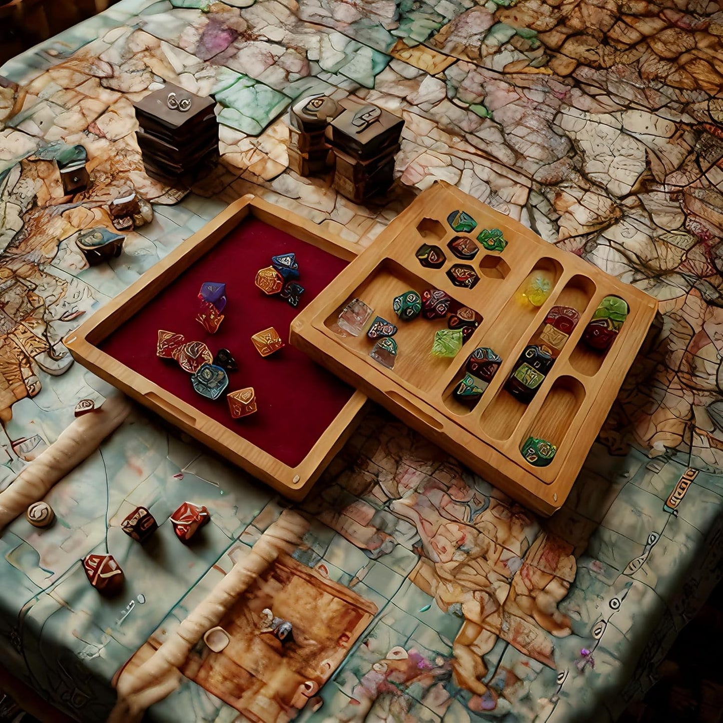 Bamboo Dice Box DND Dice Case 2 in 1 Dice Tray and Storage 7.5 x 7.5 Inch DND Dice Holder Dice Vault with Magnetic Lid Dice Rolling Tray Combined into One for RPG