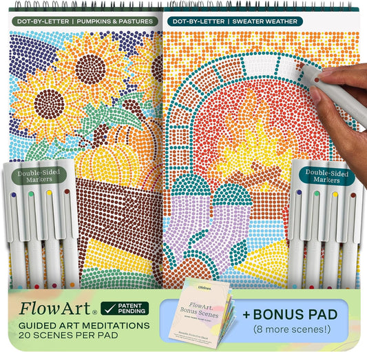 Lifelines FlowArt Activity Pad, 2-Pack Fall Set + Bonus Pad - Guided Dot-by-Letter Art Meditations with Markers - Color by Number/Letter and More Coloring Books for Teens, Adults & Seniors