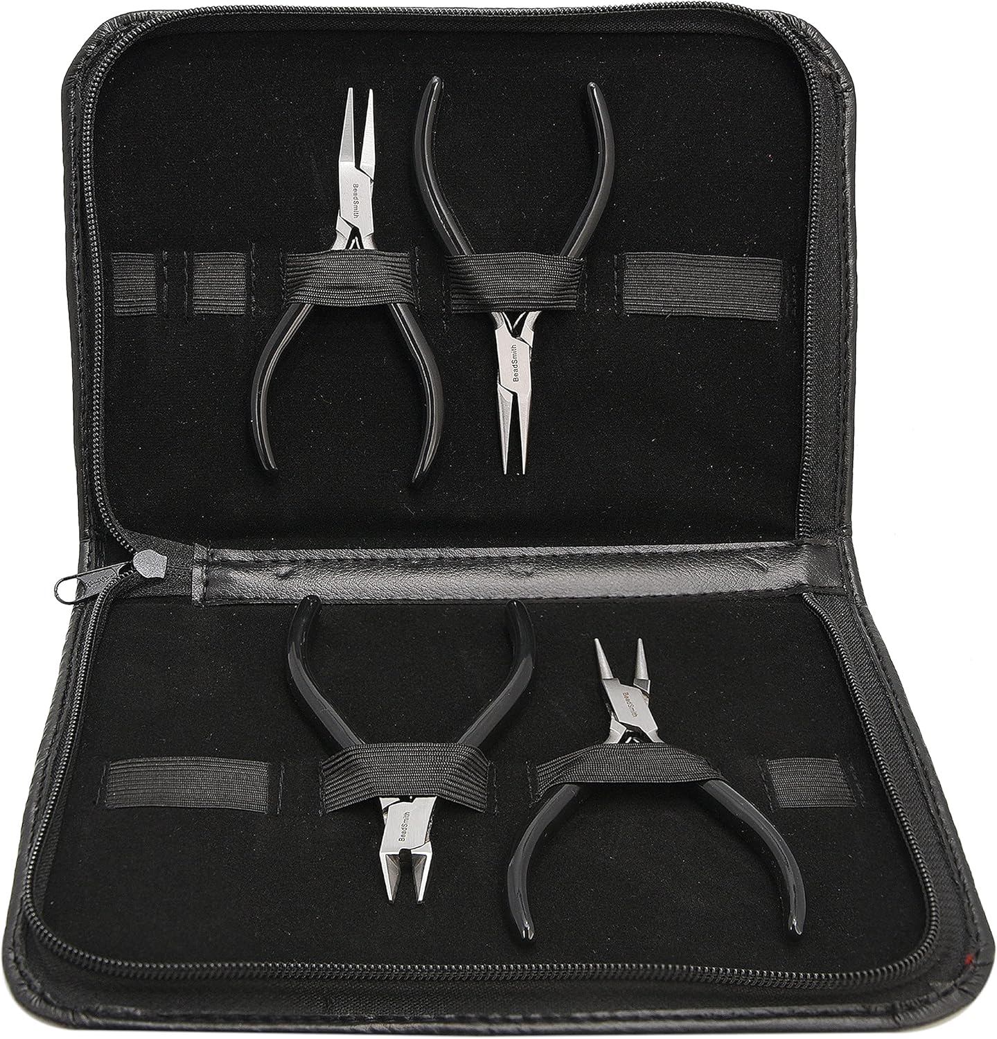 The Beadsmith Slim Line Pliers Set – Extra Fine Tips – 4.5 Inches, 4-Pieces: Round Nose, Chain Nose, Flat Nose & Semi-flush Side Cutter – Leatherette Carrying Case Included – Tools for Jewelry Making