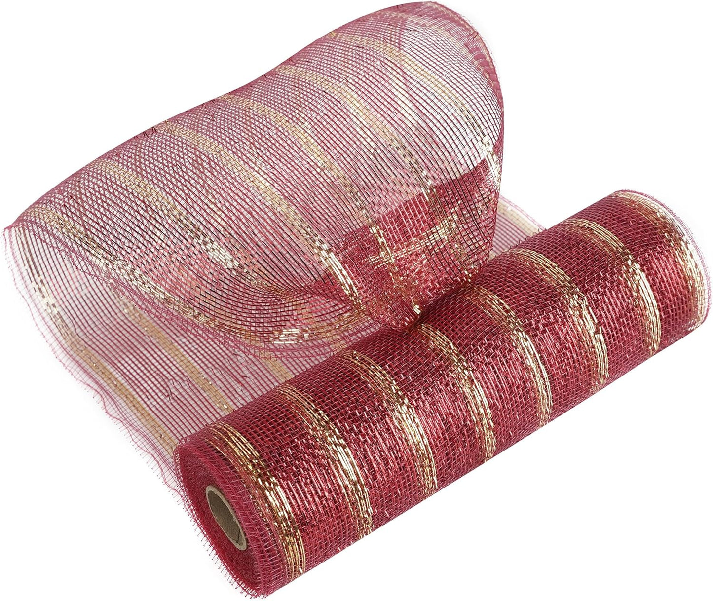 MEEDEE Burgundy and Gold Deco Mesh 10 Inch Metallic Striped Deco Mesh Christmas Mesh Ribbon for Christmas Tree, Wreaths, Garland, Gift Wrapping, Bows Making (30 Feet)