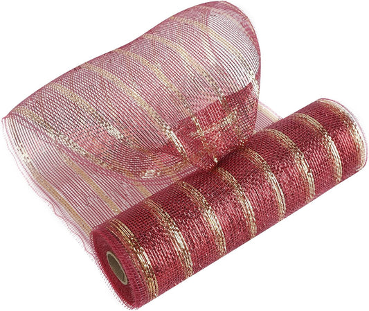 MEEDEE Burgundy and Gold Deco Mesh 10 Inch Metallic Striped Deco Mesh Christmas Mesh Ribbon for Christmas Tree, Wreaths, Garland, Gift Wrapping, Bows Making (30 Feet)