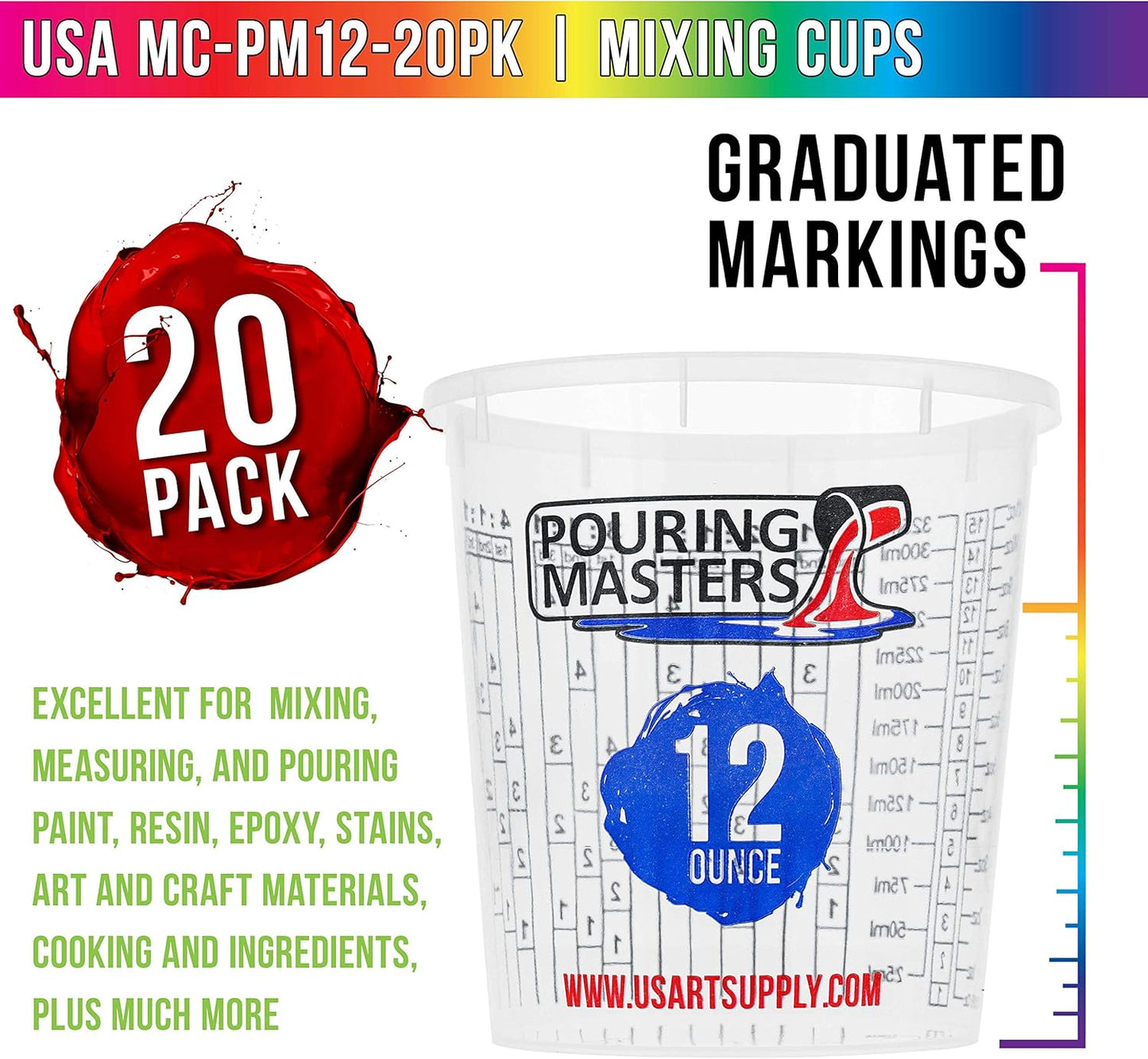 Pouring Masters 12 Ounce (350ml) Graduated Plastic Mixing Cups (Box of 20) - Paint Mixing Cups for Epoxy Resin, Art, Kitchen, Baking - Measurements in OZ and ML, 4 Different Measuring Ratios 1:1
