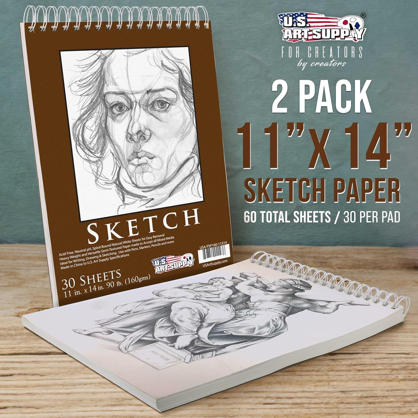 U.S. Art Supply 11”x14 Premium Heavy-Weight Paper Spiral Bound Sketch Book: 90 Pound (160gsm), 30-Sheet Drawing Pad (2 Pack)