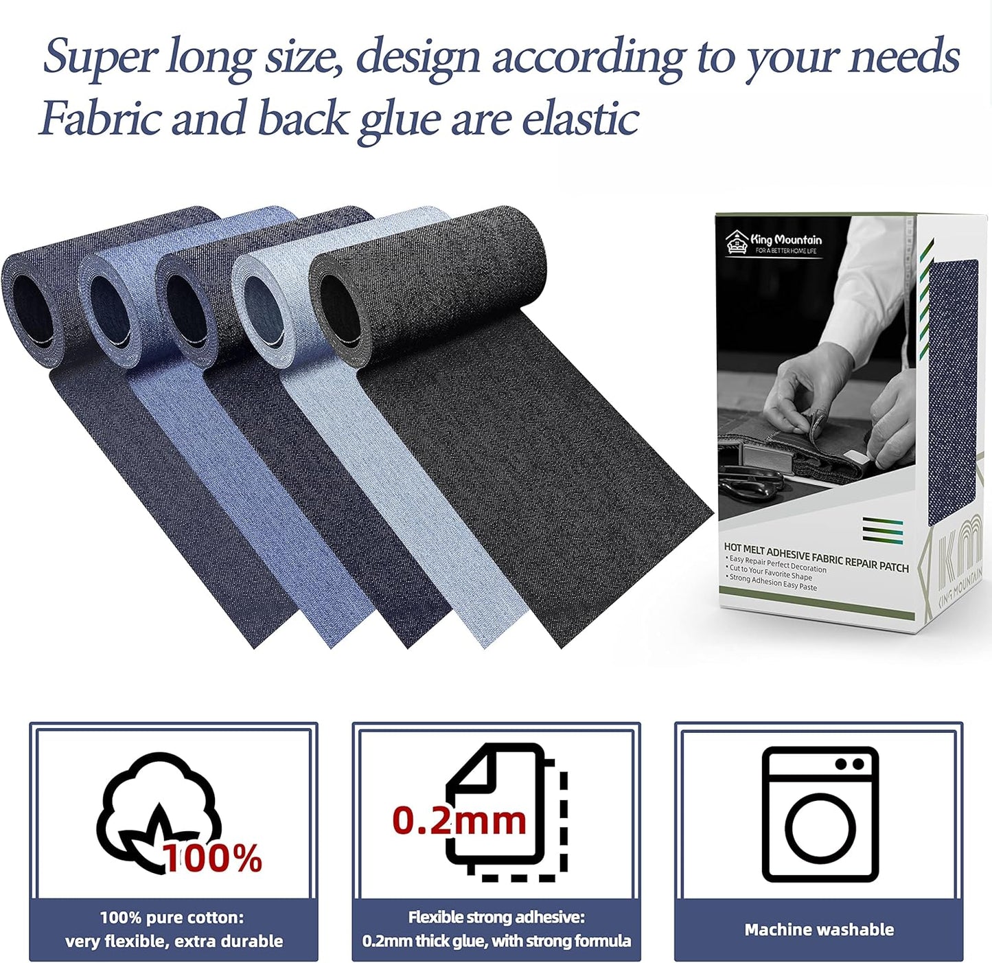 KING MOUNTAIN Iron-on Repair Patch,3"x60"100% Cotton Denim Iron-on Repair Patch, Jeans and Clothing Repair and Decoration Kit (Blue)