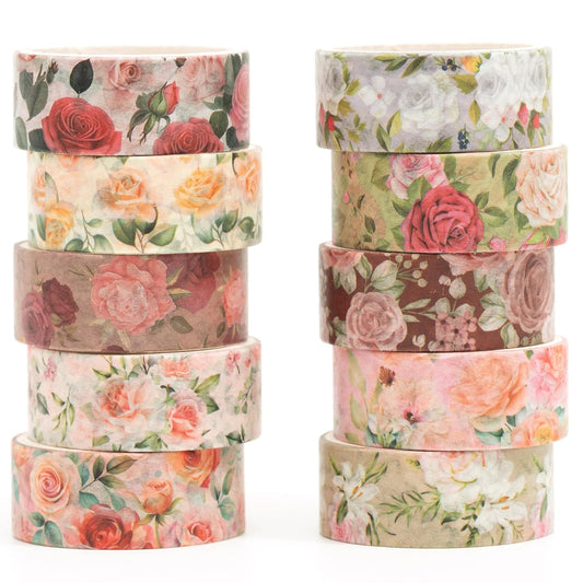 10 Rolls Blooming Flowers Washi Tape Set Floral Arts Adhesive Tapes Colorful Garden Decorative Masking Tape Sets for Craft, Kids, Scrapbook, DIY, Gift Wrapping (1-Pinky)