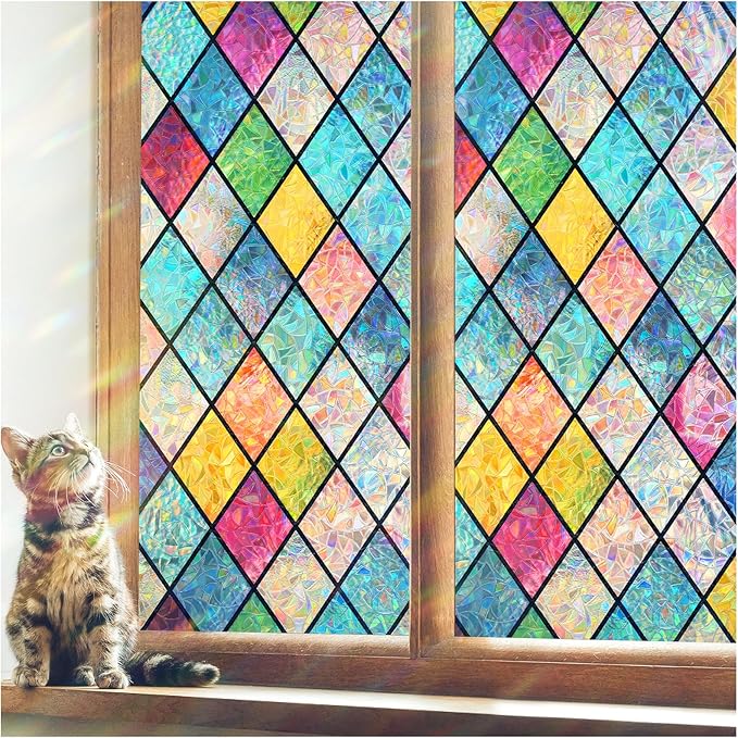 Haton Stained Glass Window Film, Rainbow Window Privacy Film, Decorative Sun Blocking Glass Clings Stickers, Static Cling Colorful Lattice Coverings Decals for Home Door 17.5" x 78.7"