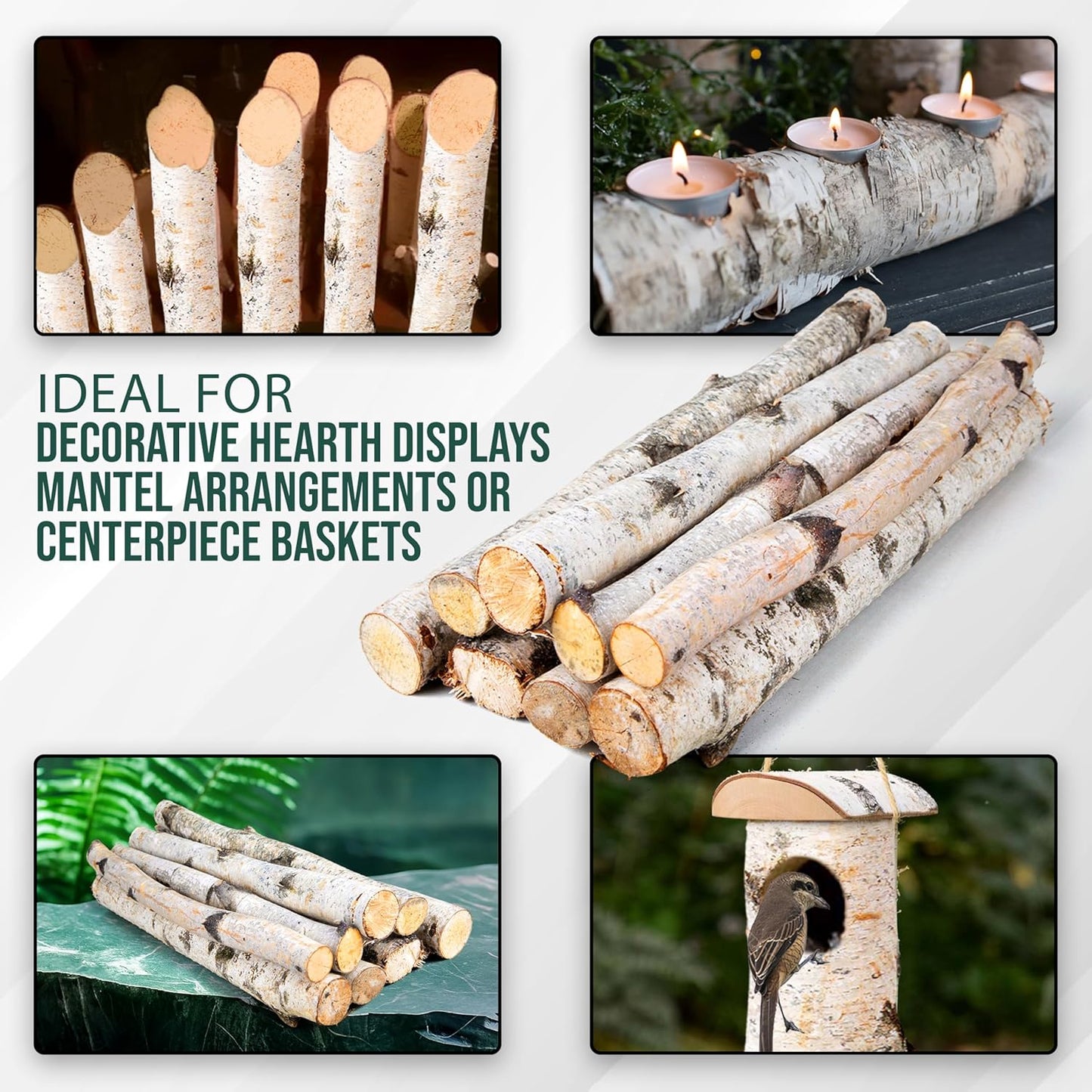 17 Inch Natural Birch Logs - Decorative Dried Birch Wood Logs for Fireplace, Wedding Centerpieces - Unfinished Wood DIY Crafts, & Home Décor - Birch Log Bundle for Indoor Display (8 PCS) (1"-2.5" DIA)