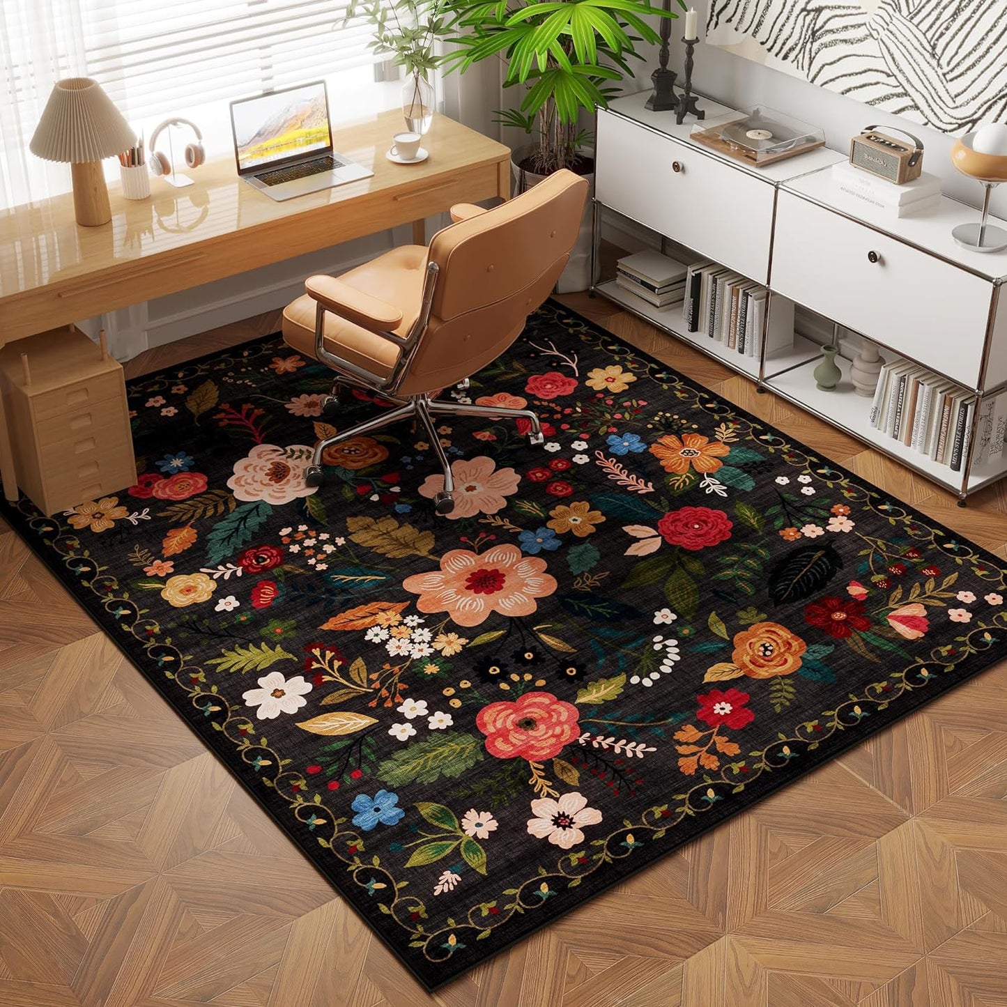 Rugcomf Area Rug 4x6 Rug Washable Boho Rugs Non Slip Low Pile Floral Small Carpet for Bedroom, Bedside, Kids Room, Office, Dining Room(Black)