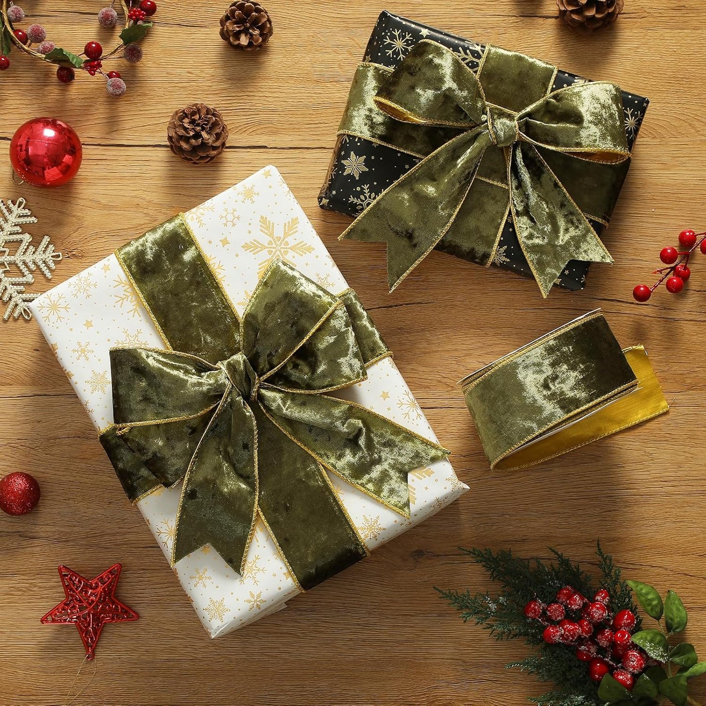 Olive Green Christmas Velvet Ribbon Wired (2.5" × 15 Yards) - Christmas Ribbon for Christmas Tree Decoration/Gift Wrapping/Crafts Wreaths Supplies