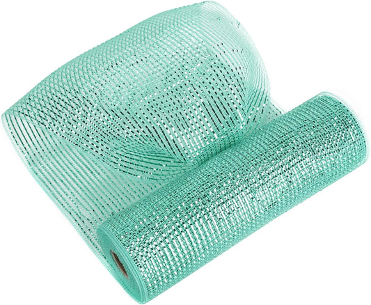 MEEDEE Mint Green Deco Mesh 10 Inch Deluxe Wide Foil Metallic Xmas Mesh Christmas Tree Ribbon Peppermint Mesh Ribbon for Christmas Tree, Wreaths, Garland, Gift Wrapping, Bows Making (30 Feet)