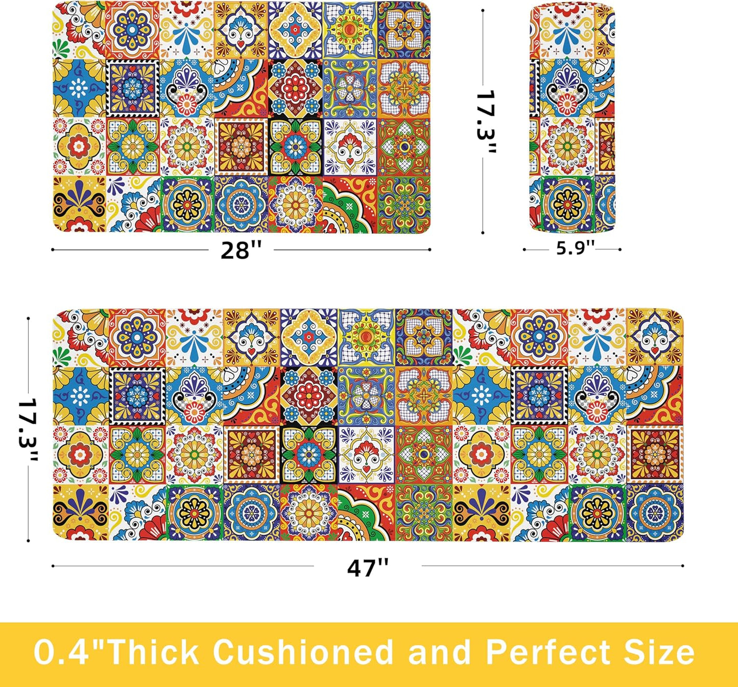 Boho Kitchen Rugs Set 2 Memory Foam Colorful Ceramic Comfort Tile Floor Mat Anti Fatigue Non-Skid PVC Runner Rug Water & Oil Proof Carpet for Kitchen Laundry Sink,17.3x28+17.3x47 Inch, C2