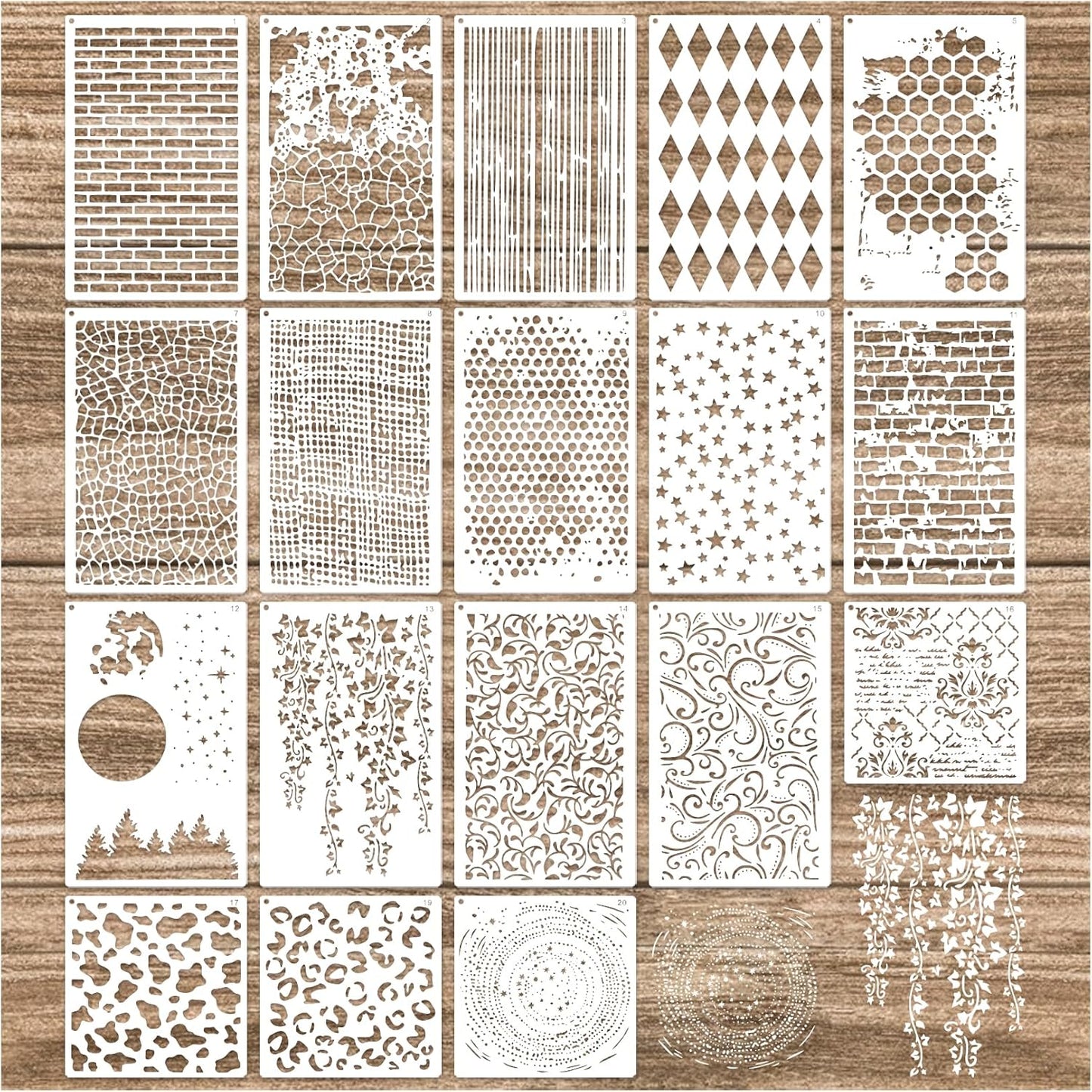 Cubist Mixed Media Layering Stencils for Painting on Wood, Texture Demask Leaf Tree Brick Striped Background Pattern Stencils for Crafts Wall Shoe Cards Canvas Furniture (Texture)