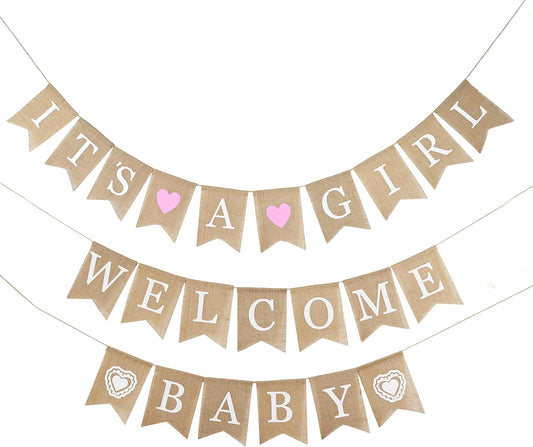 MEEDEE Burlap Banner Welcome Baby Girls Banner Rustic Baby Shower Party Favors Decorations Banners and Signs Baby Shower Bunting Pink (3 Pieces)