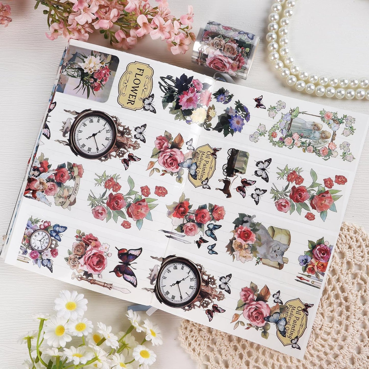Vintage Flower PET Tape - Flower Butterfly Transparent Tape Junk Journal Supplies, Angel Cat Scrapbooking Tapes for Art Crafts Decorative Scrapbook Journal, Aesthetic Junk Journal Supplies