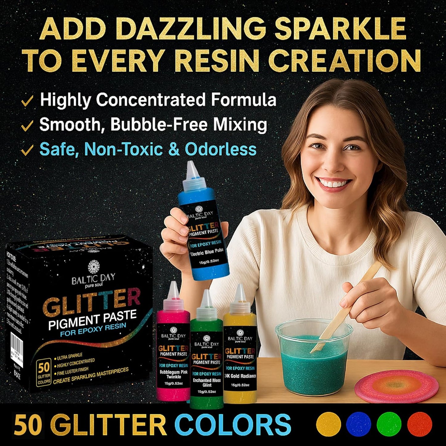 50 Color Glitter Pigment Paste for Epoxy Resin, Mica Metallic Resin Pigment Set, Epoxy Dye Paste & High Concentration Mica Powder for Epoxy Art, Jewelry, Tumblers, Coasters & Crafts