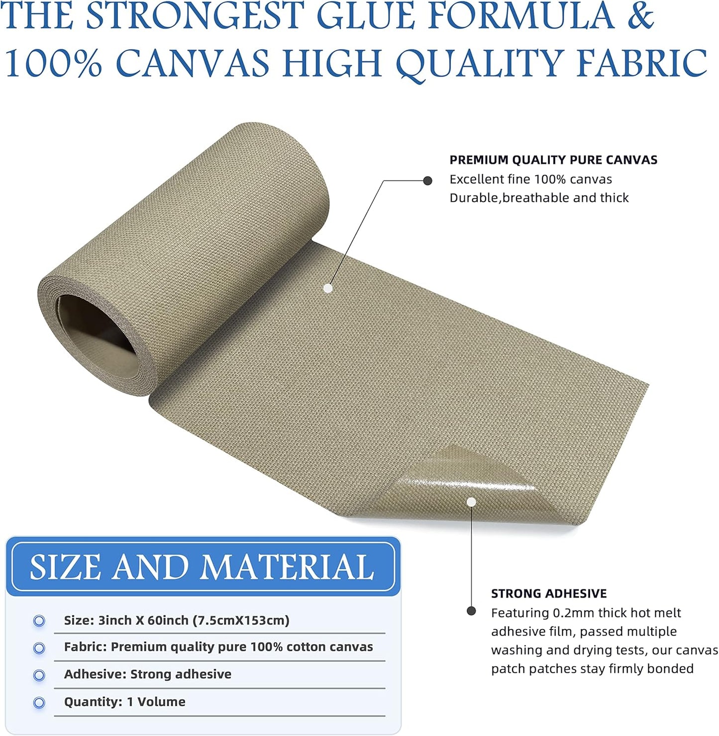 KING MOUNTAIN Canvas Iron on Patch,3"×60",Waterproof 100% Cotton Fabric Repair Patch,Used for Various Sofa,Tent,Clothes,Seats,Suitcases (Khaki)