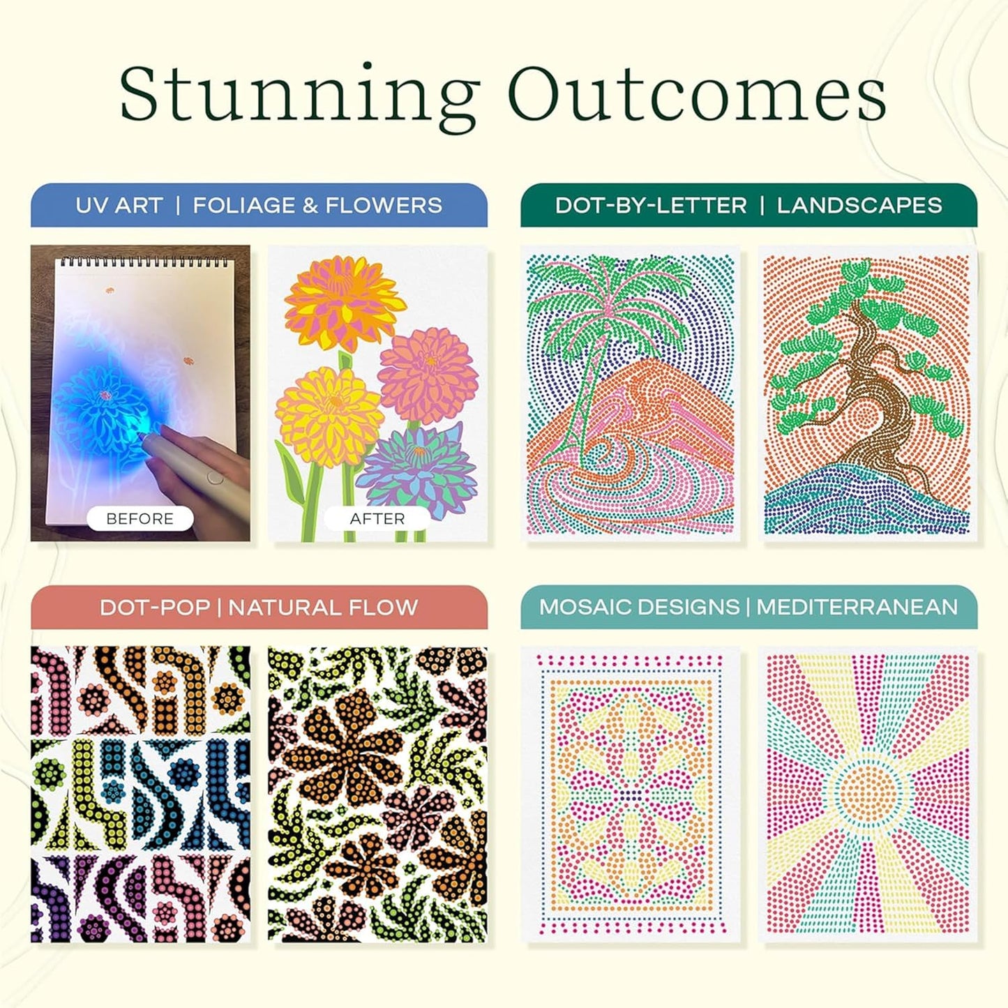 Lifelines FlowArt Activity Pad, 4-Pack - Guided Art Meditations with Markers - Color by Letter, Dot-Pop and More, Coloring Books for Teens, Adults & Seniors