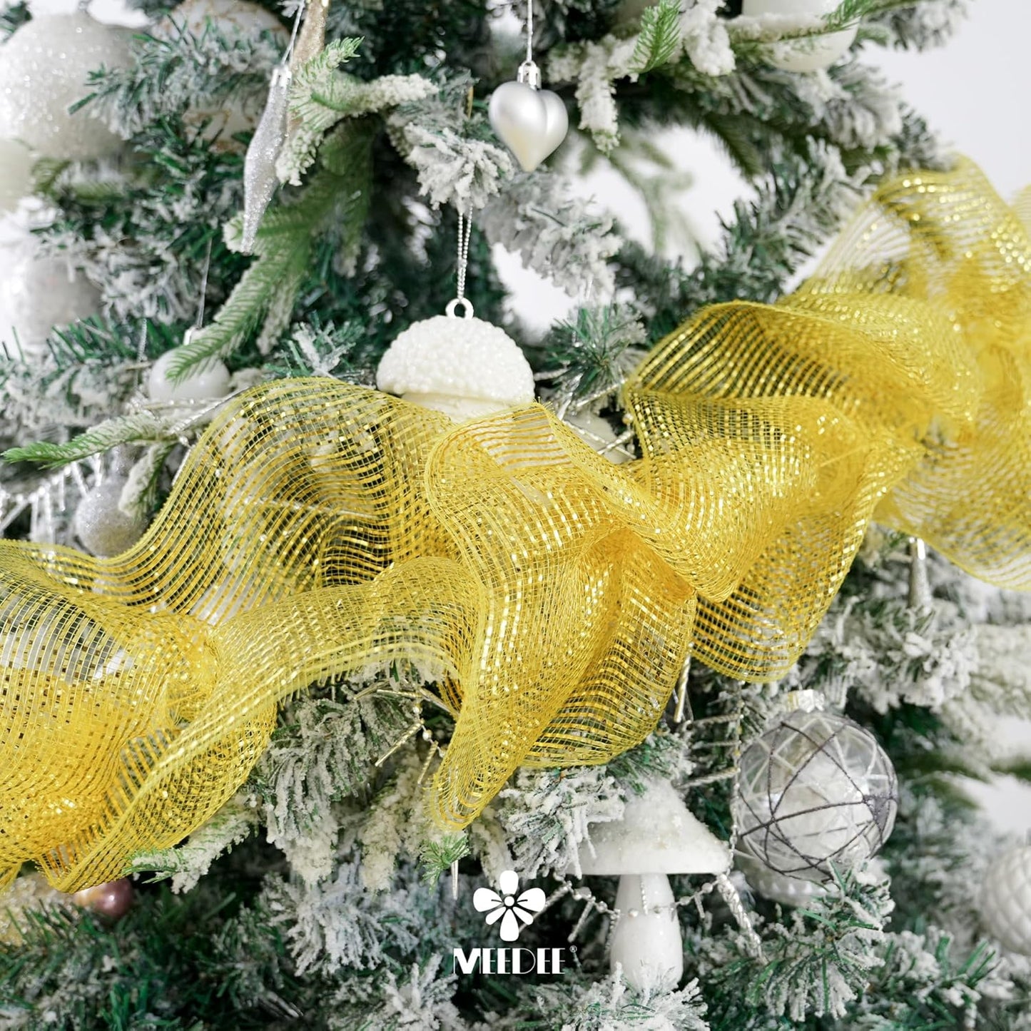 MEEDEE Gold Deco Mesh 10 Inch Deluxe Wide Foil Metallic Pull Up Mesh Yellow Gold Decorative Mesh Ribbon for Christmas Tree, Wreaths, Garland, Gift Wrapping, Bows Making (30 Feet)