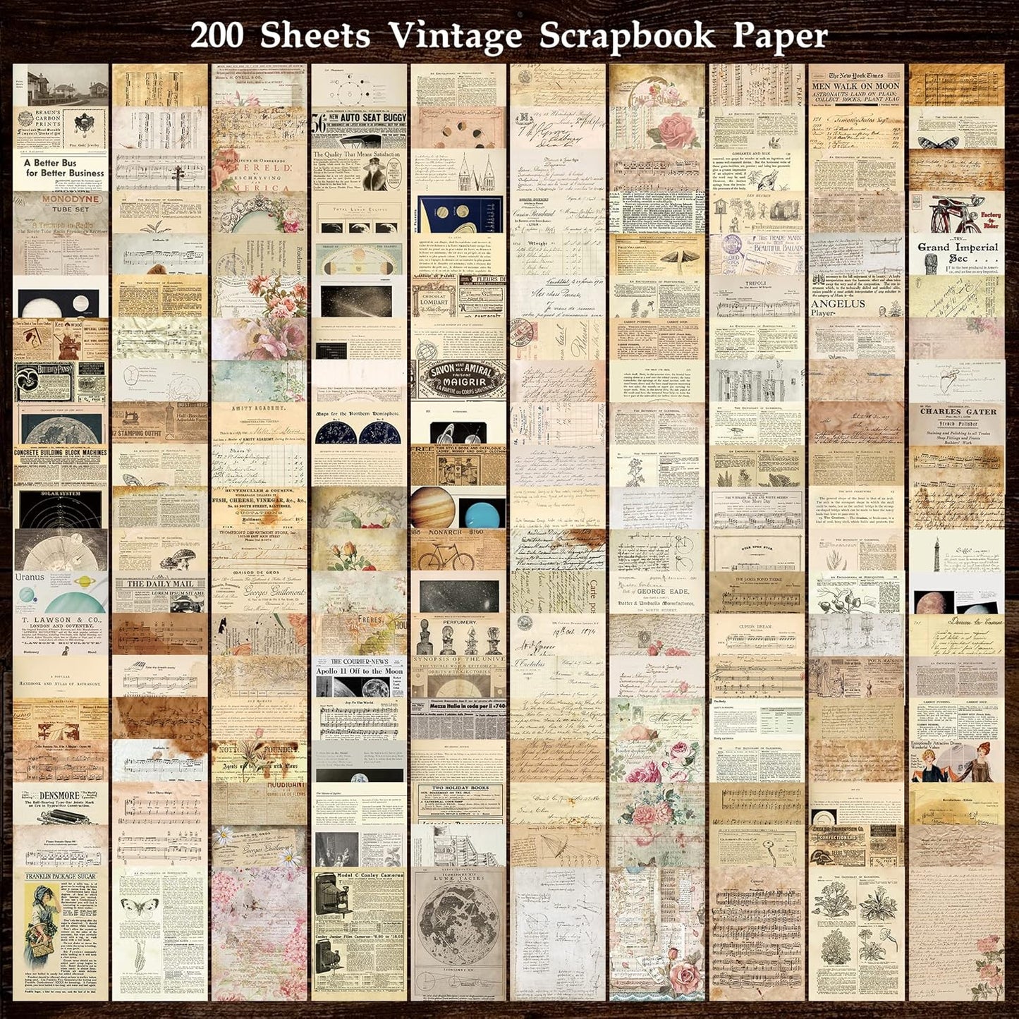 200 Sheets of Vintage Scrapbook Paper, Journaling Scrapbooking Supplies Craft Decoupage Papers Kit, Ephemera for Junk Journal Bullet Journals Well Posters Room Decor for Card Making Decorative Gift