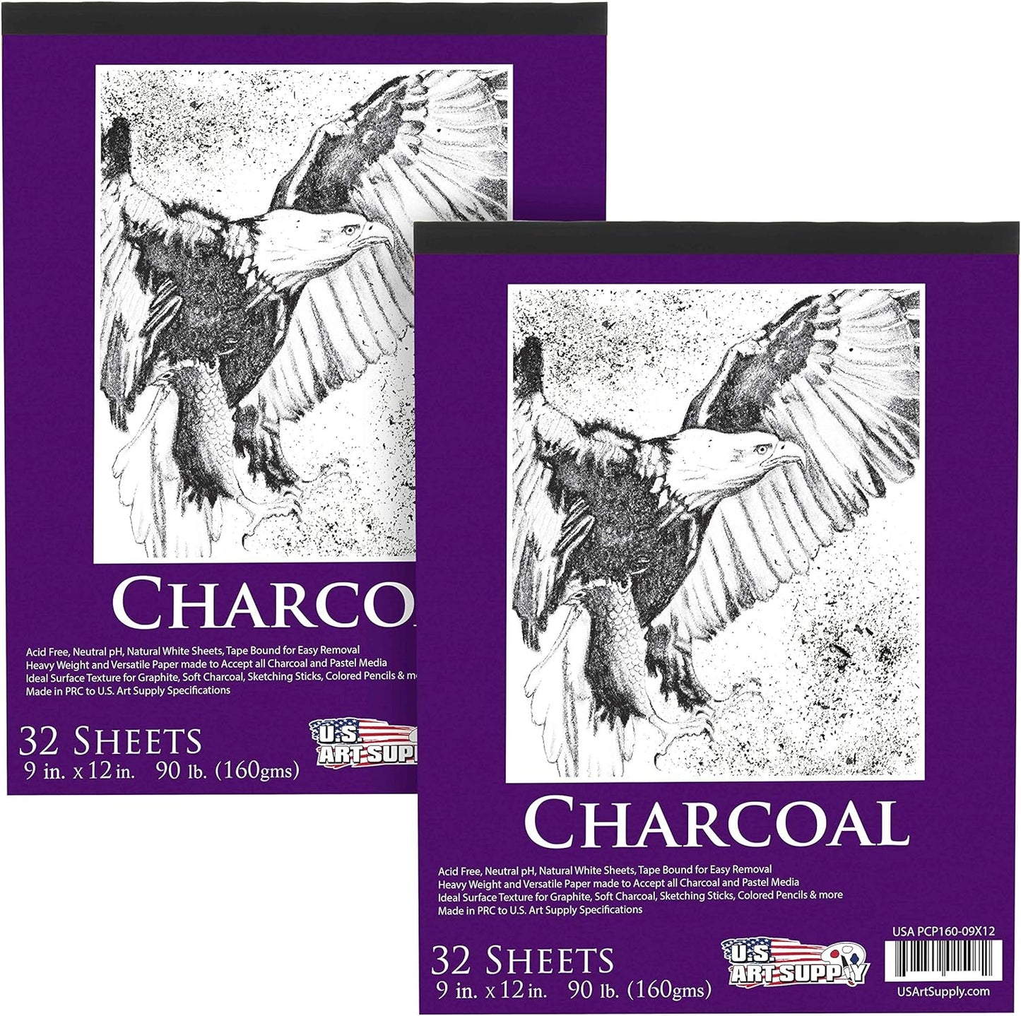 U.S. Art Supply 9" x 12" Premium Heavy-Weight Charcoal Sketchbook (2 Pack, 64 Sheets Total) - 90lb (160gsm) Sketch Book Pad for Charcoal, Pencil & Pastel Drawing