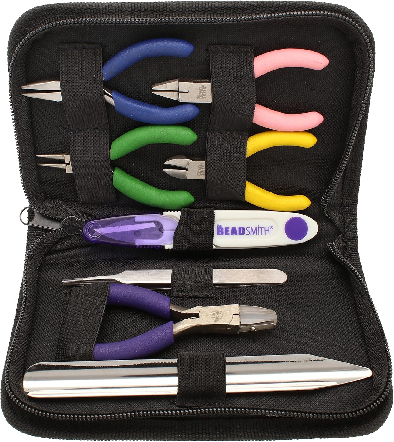 The Beadsmith Mini Color-ID Set – 3”, 8-Pieces Includes: Chain Nose, Round Nose, Side Cutter, Flat Nose, Nylon Jaw Flat Nose, Tweezers, Thread Snippers, Bead Scoop & Canvas Case – For Jewelry Making